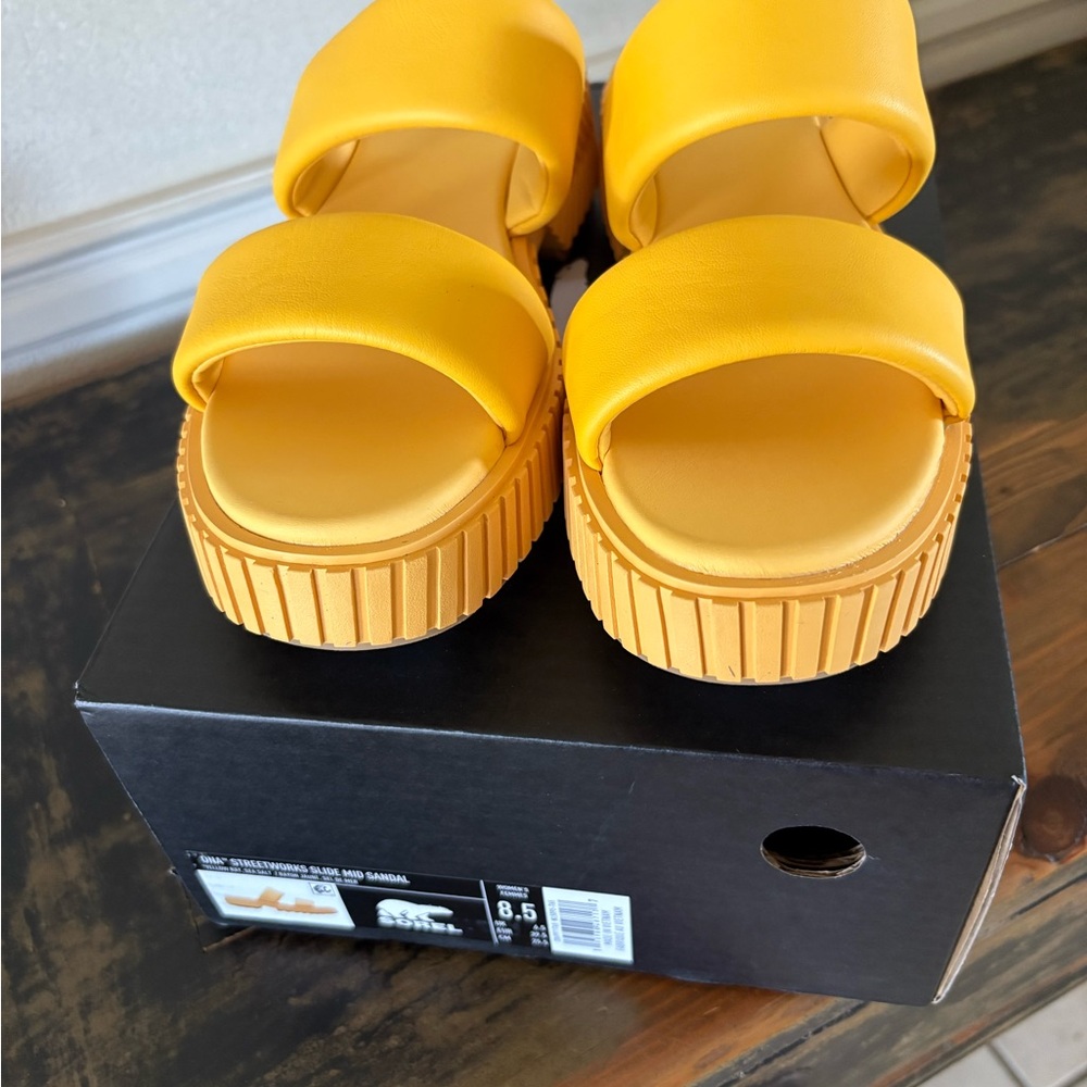 Sorel Yellow Platform Slide Sandals